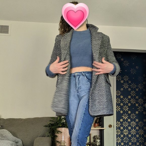 Black, White, Grey, Silver Chunky Tweed Coat, Double Breasted Oversized Jacket